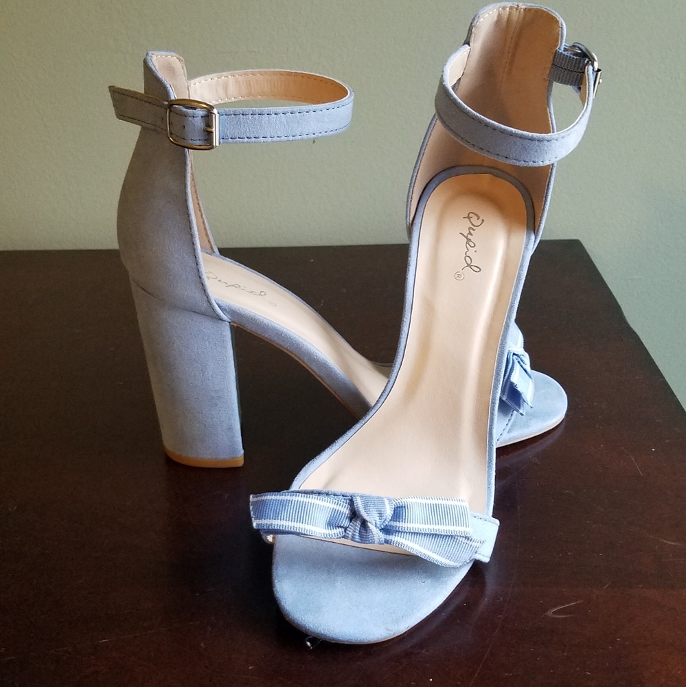 Qupid Baby Blue Bow Strap Block Heel